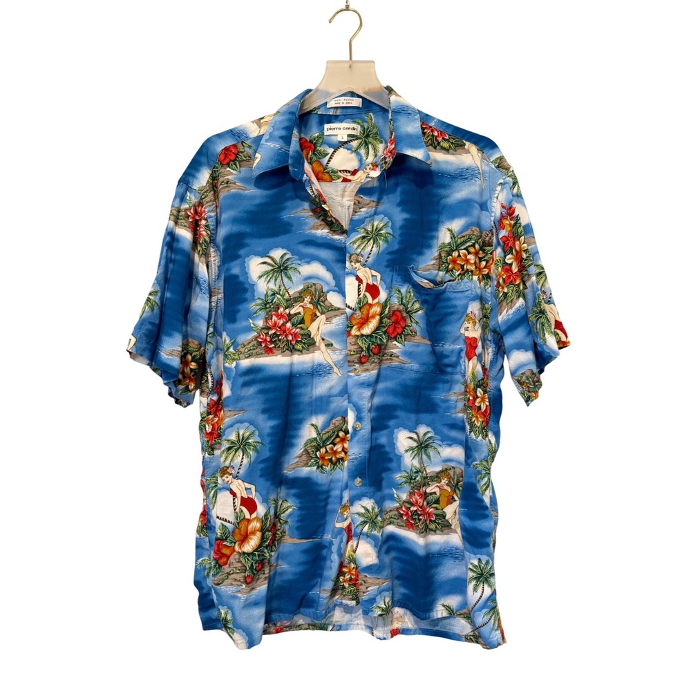 Pierre Cardin Mens Blue Rayon Hawaiian Shirt Pinup Girl Tropical Island Large